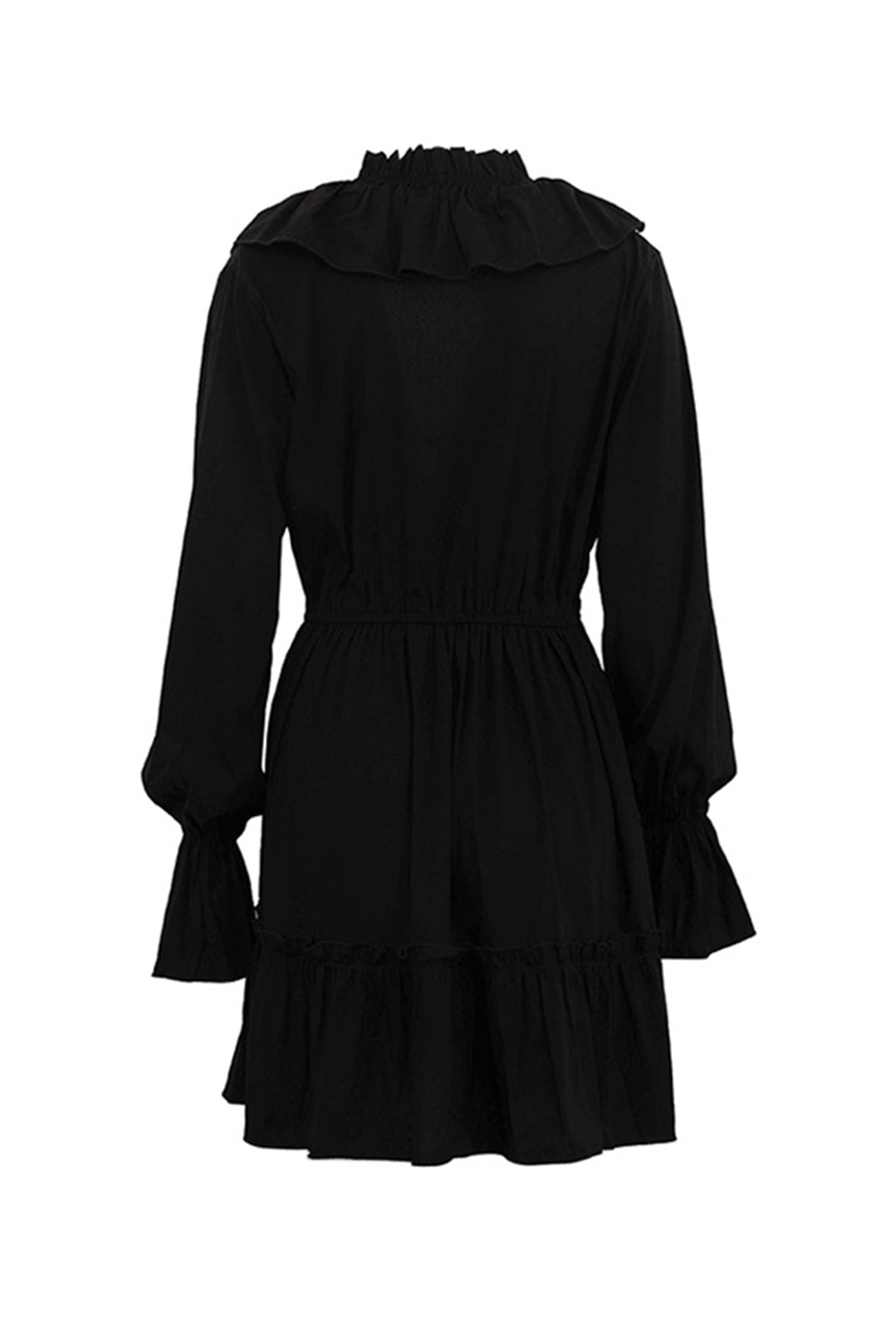 Neck V Pleated Trumpet Sleeve Ruffle Dress