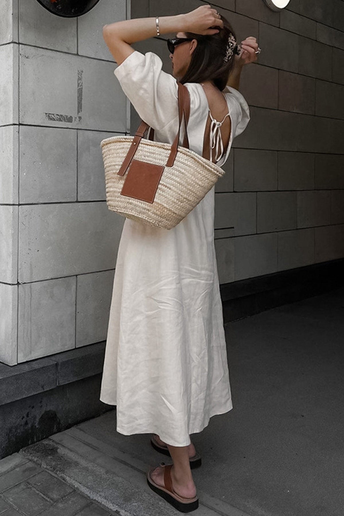 Neck V Single breasted Cotton Linen A line Dress