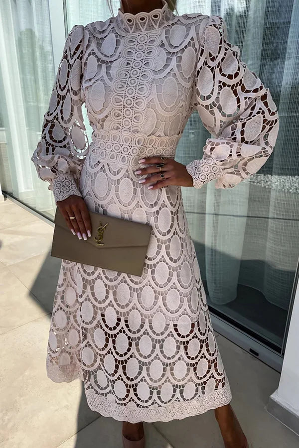 Boutique Irma Romantic, Sensual, and Midi Dress with Lantern Sleeves Made of Crochet Lace Designer Edit