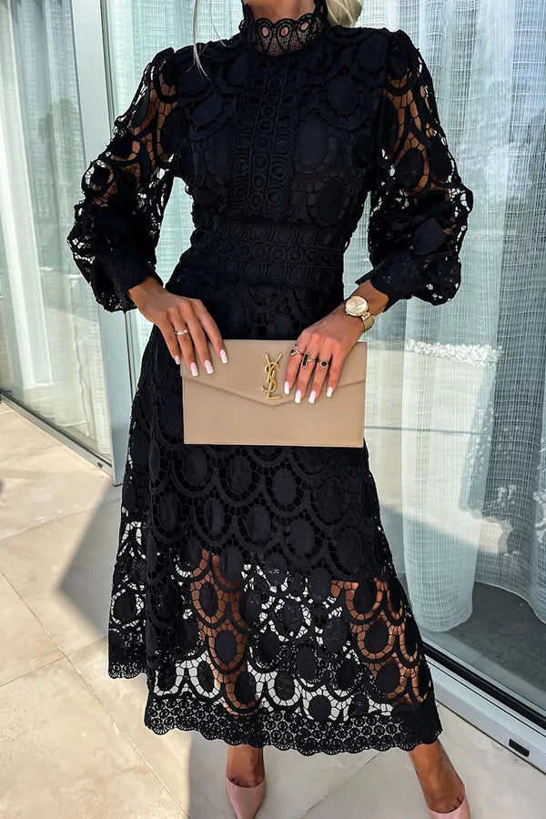 Boutique Irma Romantic, Sensual, and Midi Dress with Lantern Sleeves Made of Crochet Lace Designer Edit