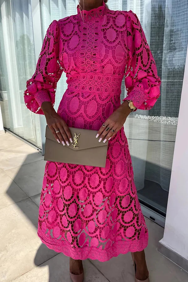Boutique Irma Romantic, Sensual, and Midi Dress with Lantern Sleeves Made of Crochet Lace Designer Edit