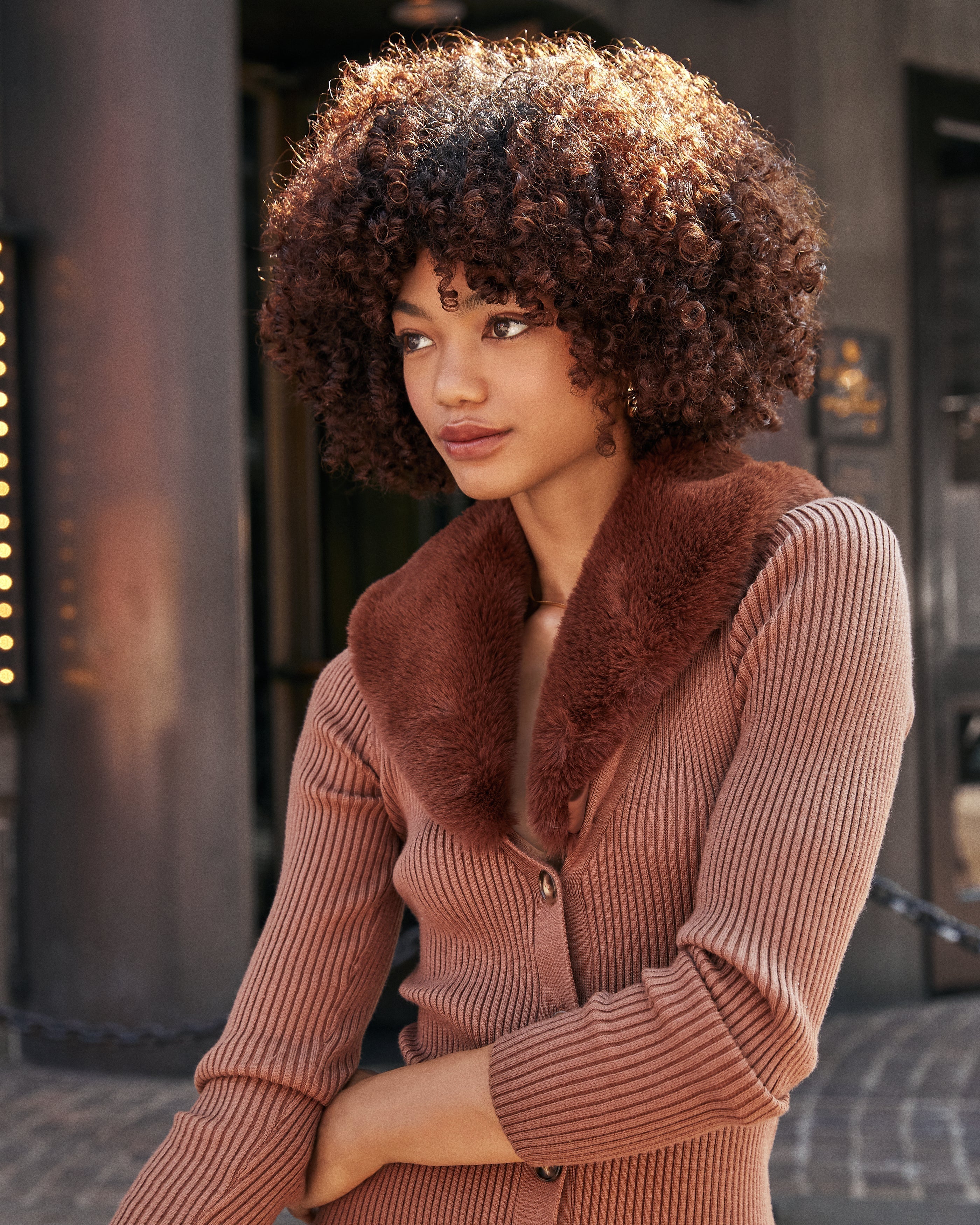 Street Canal Faux Fur Collar Knit Midi Dress FINAL