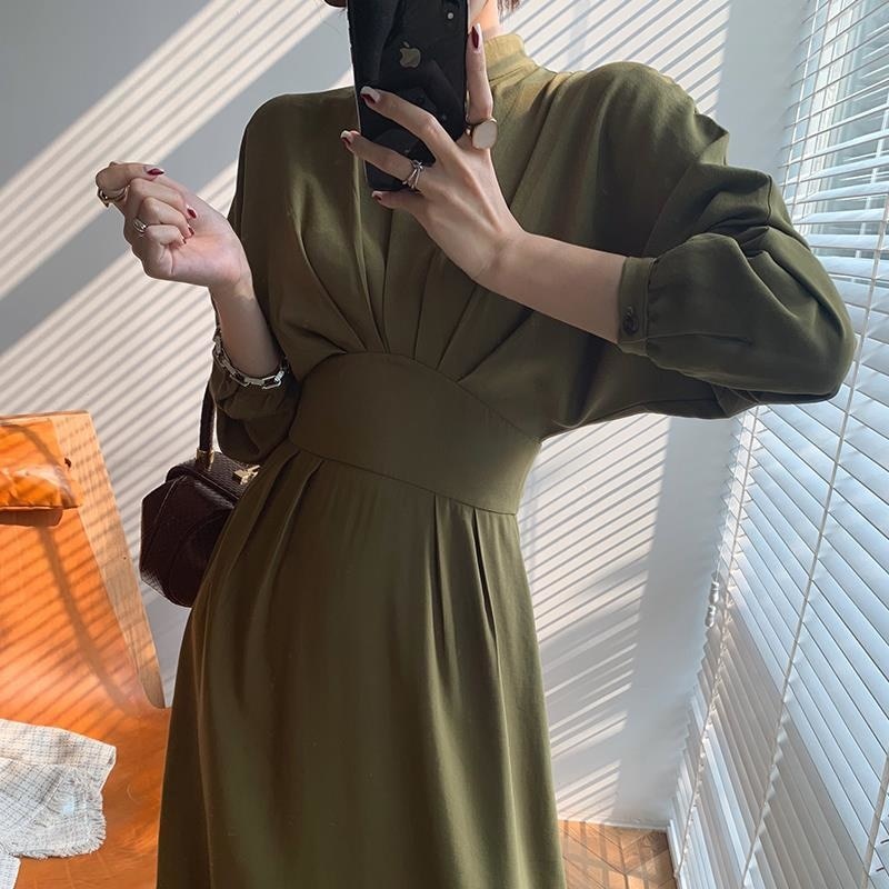 Vintage Long Sleeve Sophisticated Autumn Bodycon Dress Slimming Pleated Stand Collar Midi Dress
