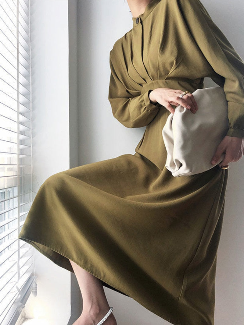 Vintage Long Sleeve Sophisticated Autumn Bodycon Dress Slimming Pleated Stand Collar Midi Dress