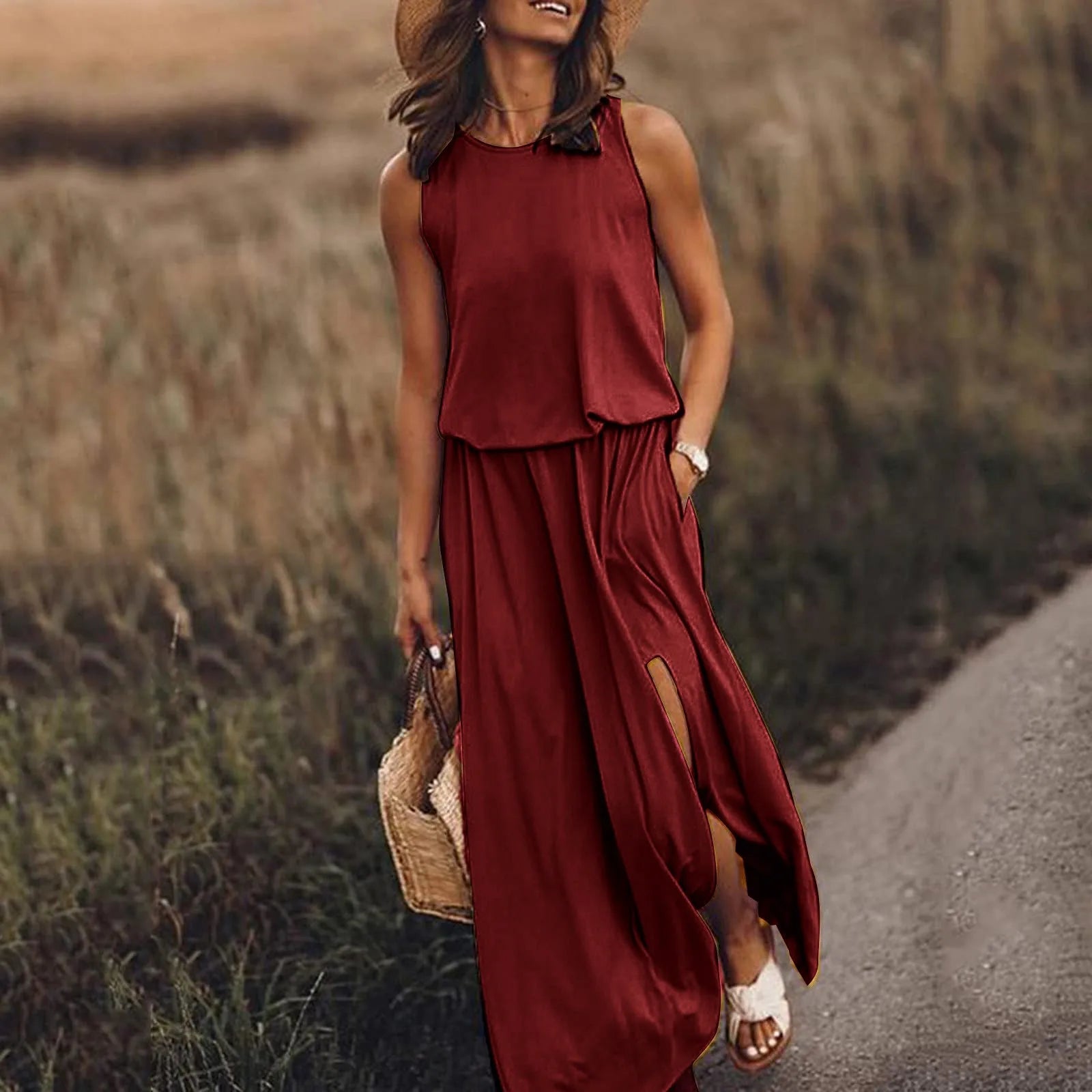 2024 Graceful Solid Color Boho Wedding Long Boho Dress