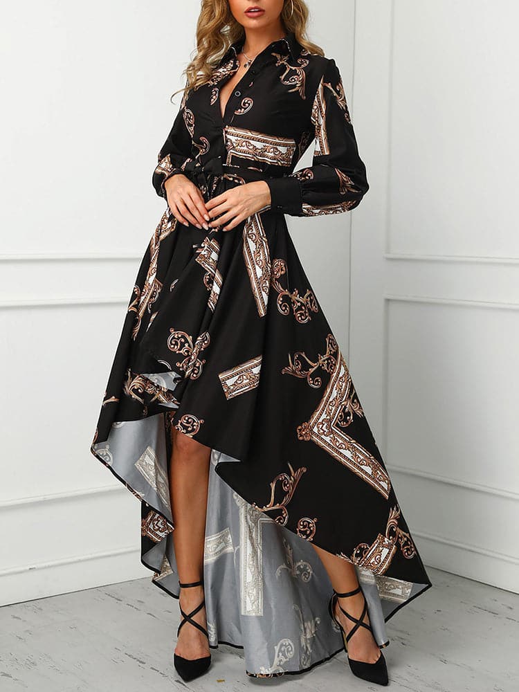 Classic V Neck Lace Up Print Dress