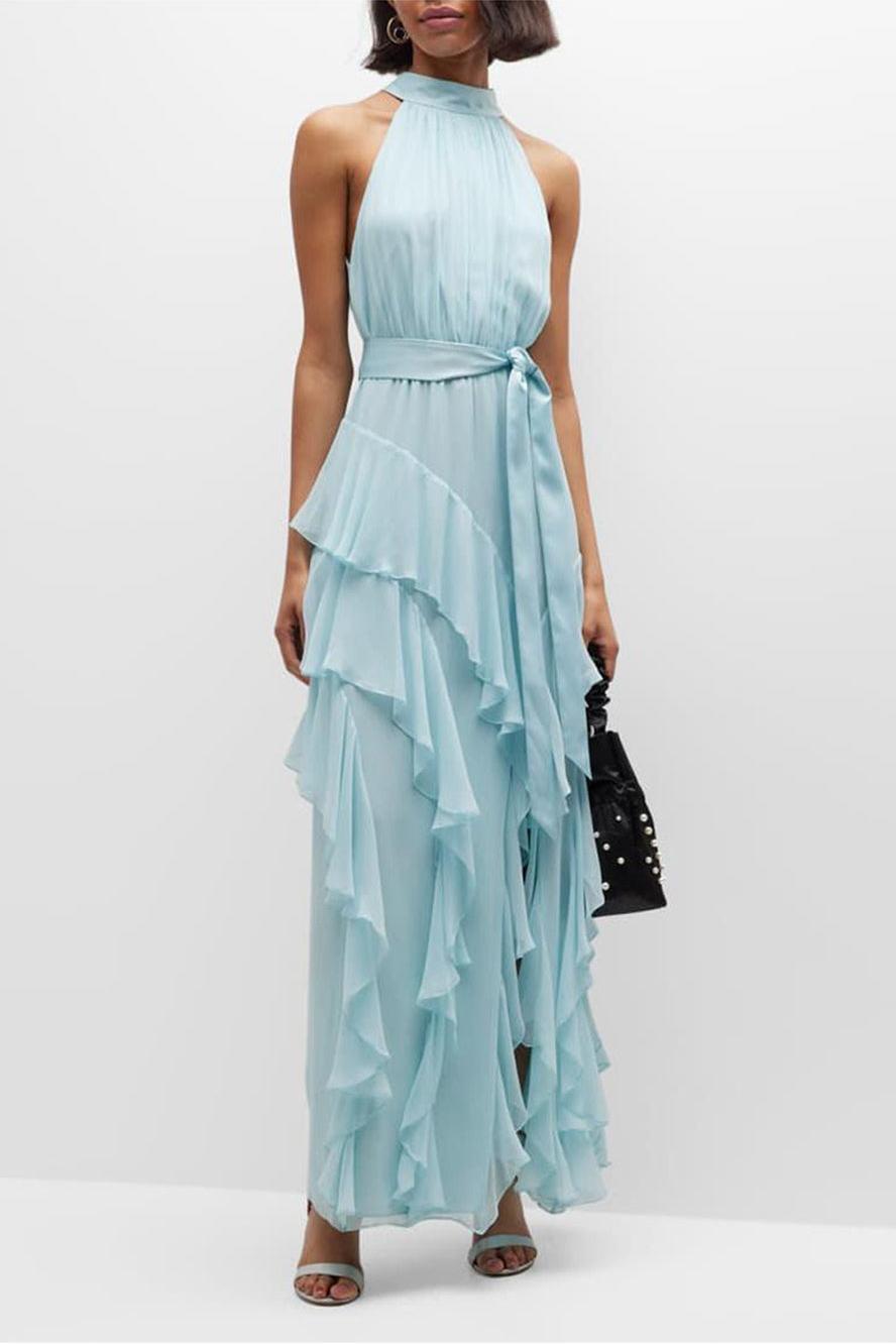 Sleeveless Chiffon Frill Split Midi Dress With Belt