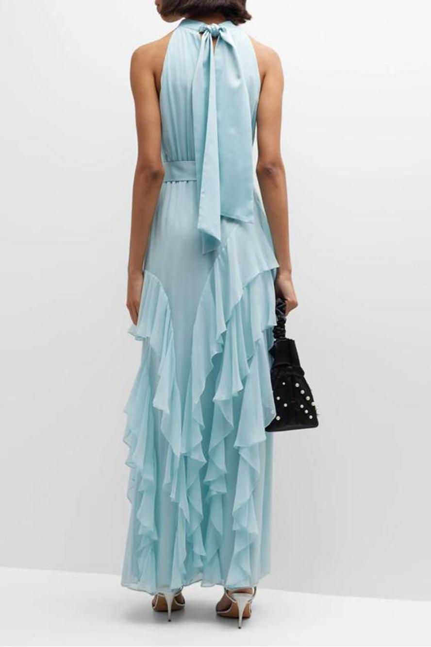 Sleeveless Chiffon Frill Split Midi Dress With Belt