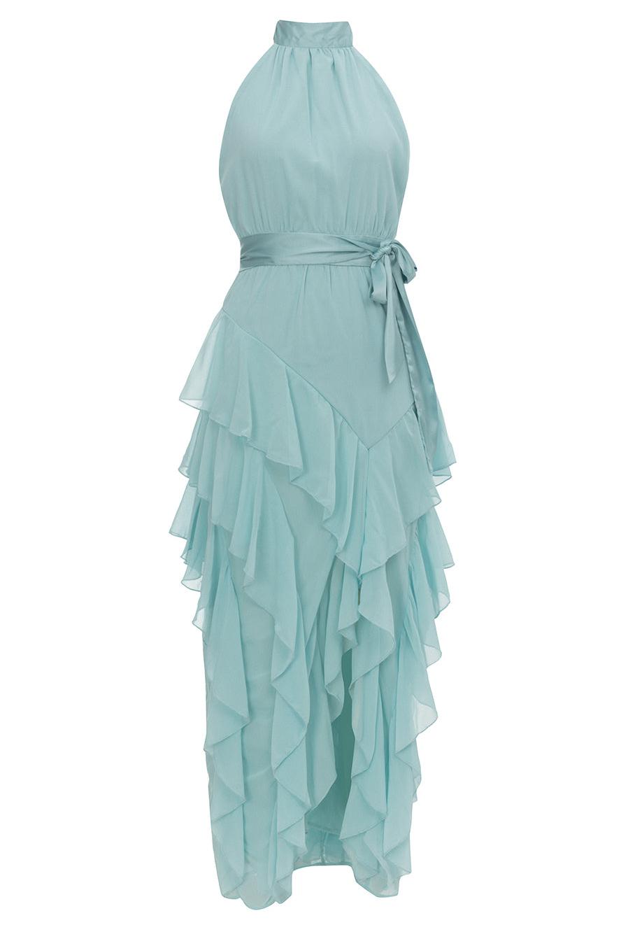 Sleeveless Chiffon Frill Split Midi Dress With Belt