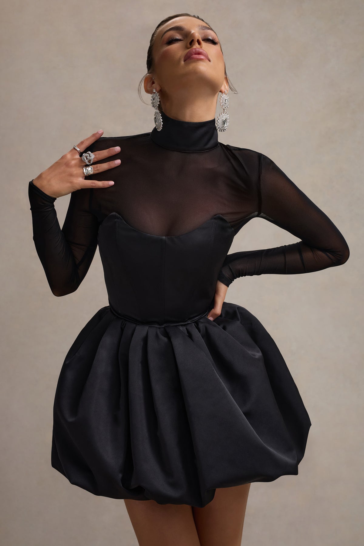Turtleneck Yvonne Sheer Sleeves Mini Dress