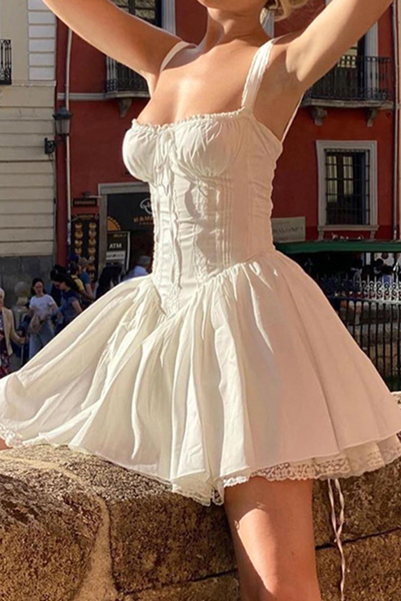 Lace White Stitching Strappy Ruched Cami Dress
