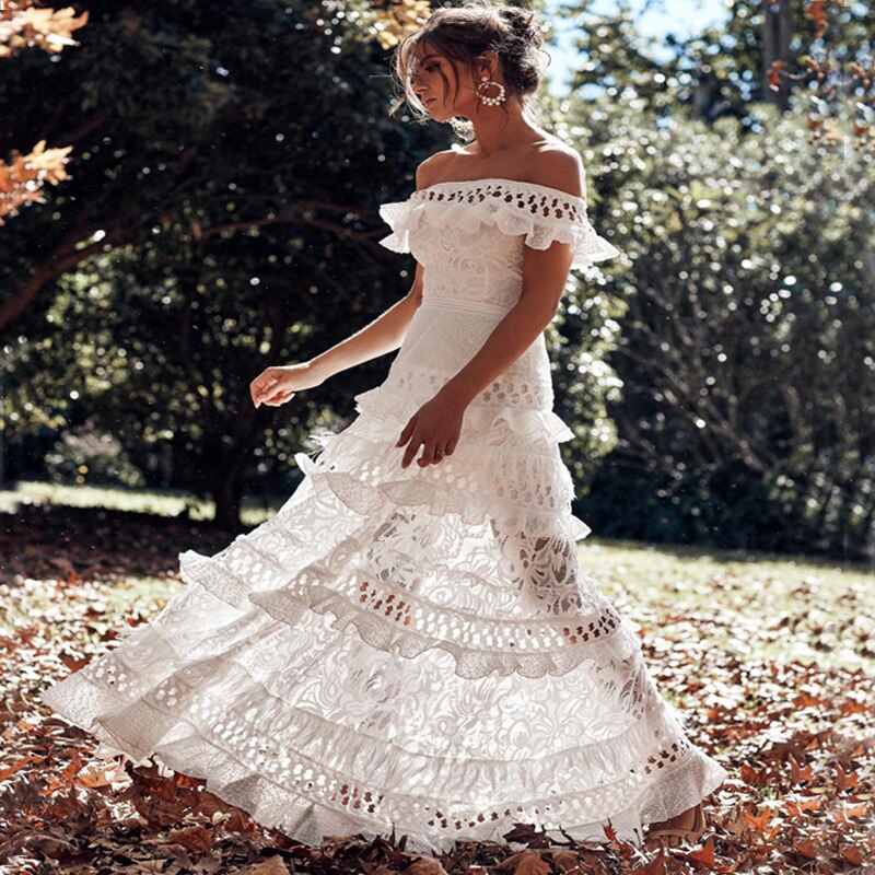 Kissnovaa - White Prom Dresses Lace Off Shoulder Ruffles Midi Dresses