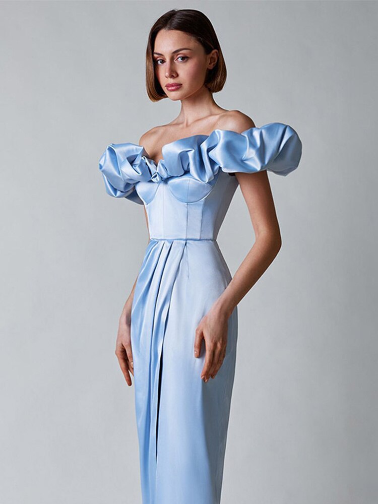 Kissnovaa - One-Shoulder Puff Sleeve Wrap Chest Slit Long Dress
