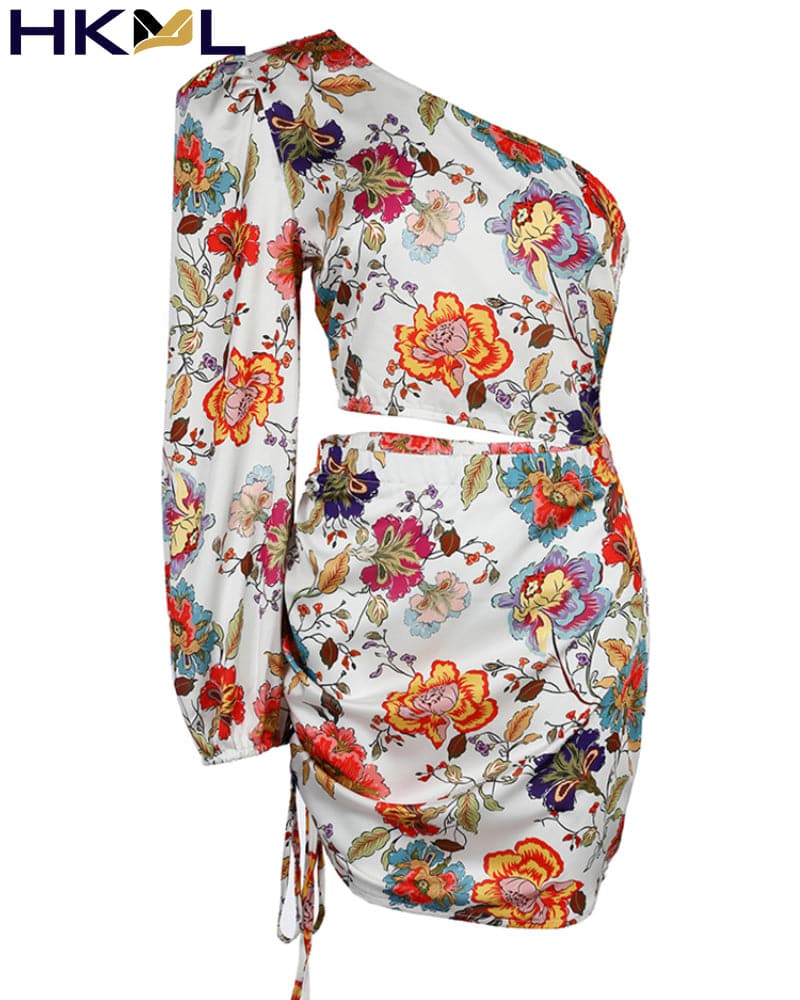 Women Fashion Bloom Print Cutout Lantern Long Sleeve Dress