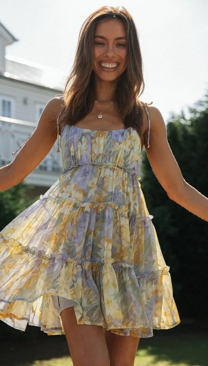 Collar Square Sleeveless LaceUp Chiffon Holiday Midi Dress