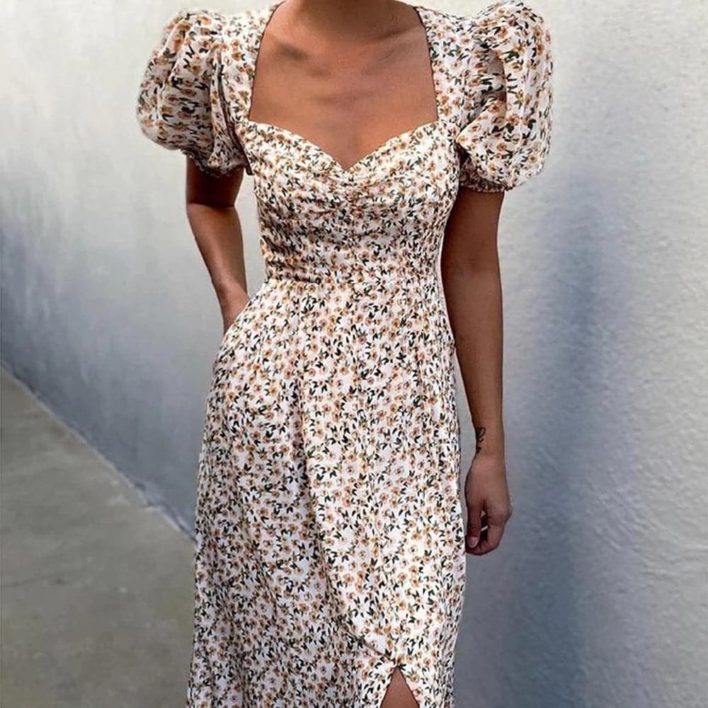Women Refined Floral Print Summer Dress Vneck Puff Sleeve Split Midi Dress