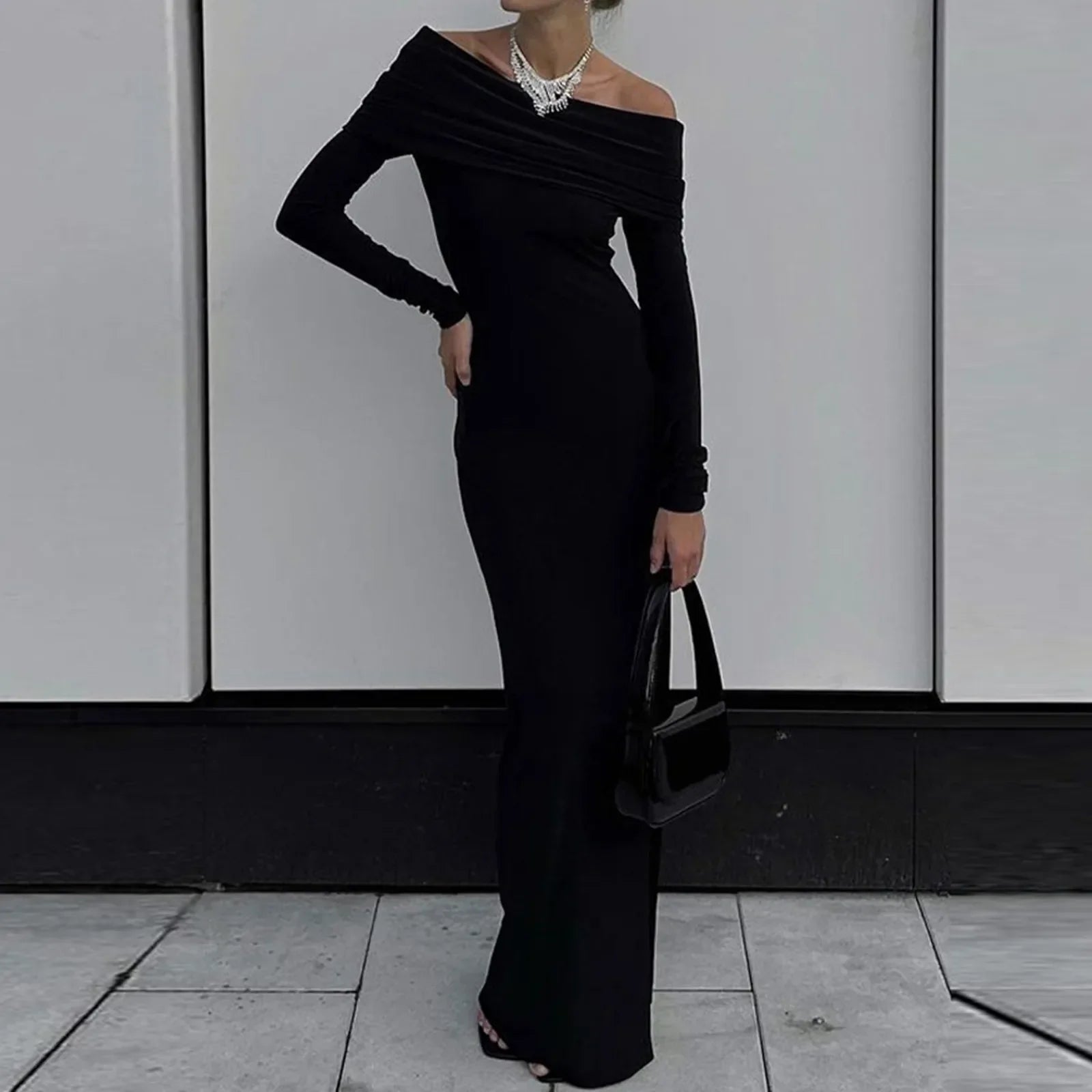 Stylish Boutique Off Shoulder Maxi Long Spring Fall Women Long Sleeve Solid Black High Slit Dress