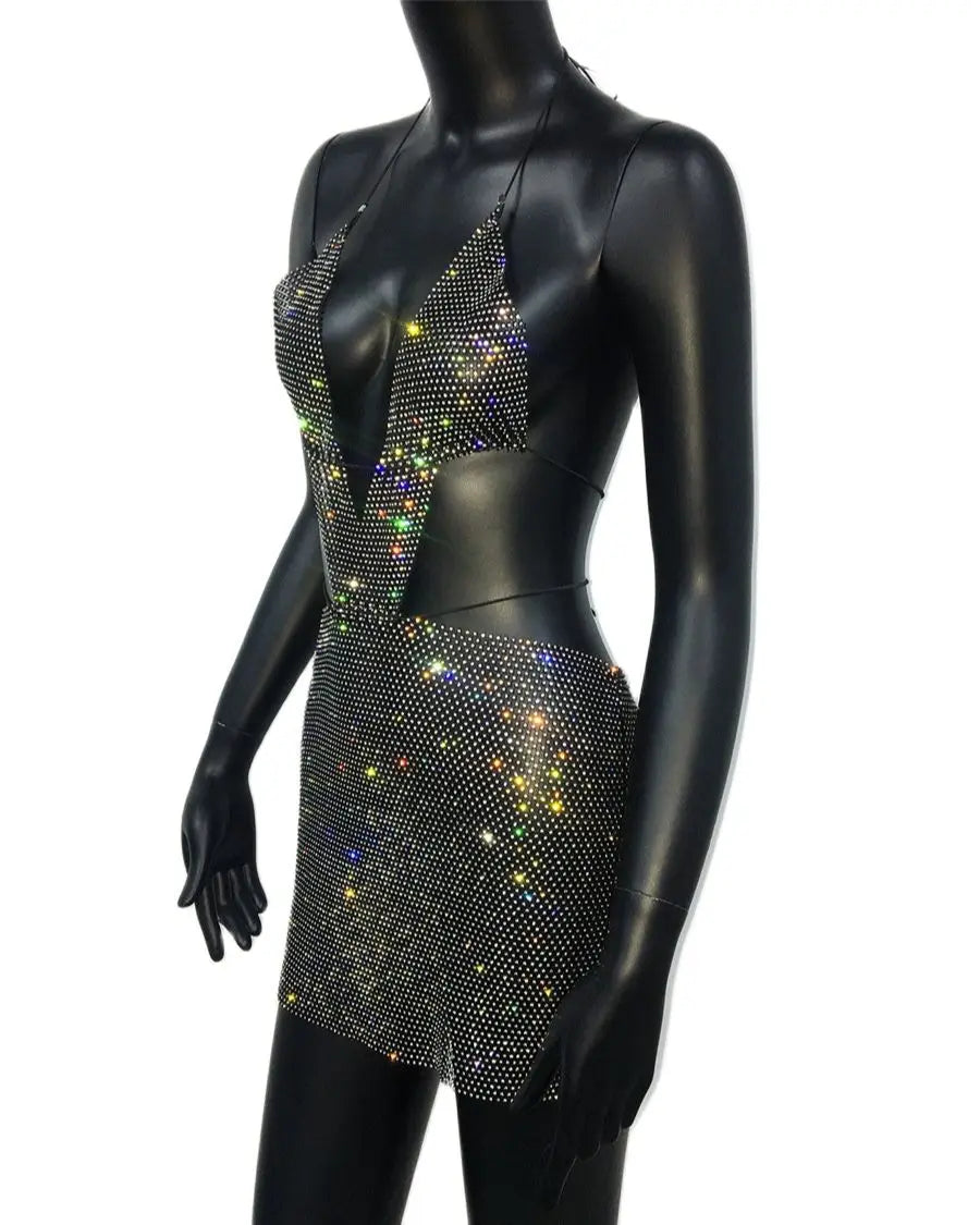Diamond Glitter Backless Halter Neck Mini Dress Cut Out Dresses