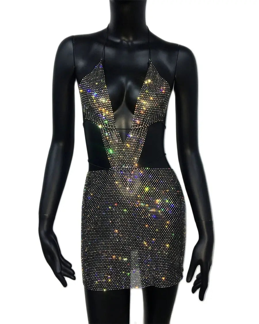 Diamond Glitter Backless Halter Neck Mini Dress Cut Out Dresses