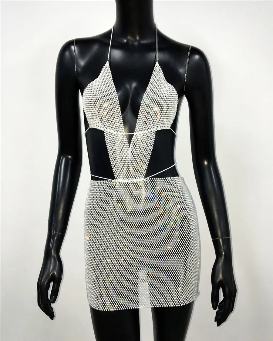 Diamond Glitter Backless Halter Neck Mini Dress Cut Out Dresses