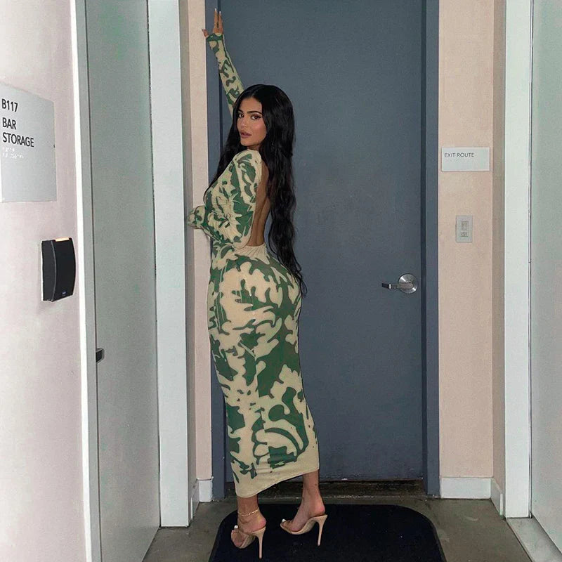 High Backless Waist Fashion Long Sleeve Midi Dress