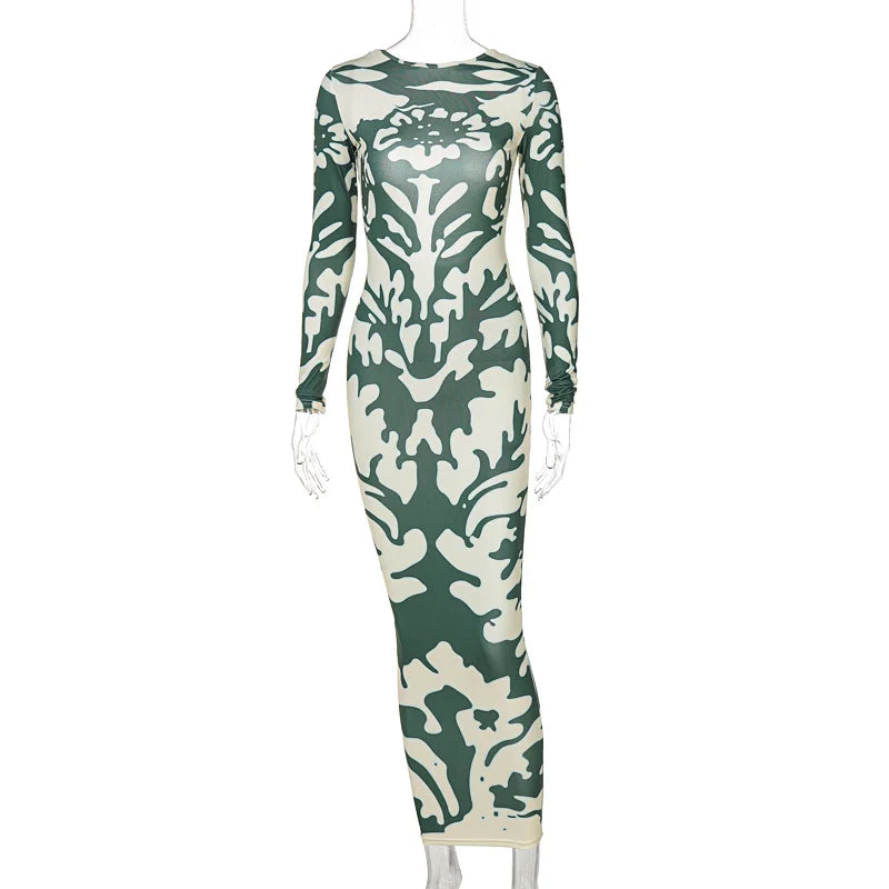 High Backless Waist Fashion Long Sleeve Midi Dress