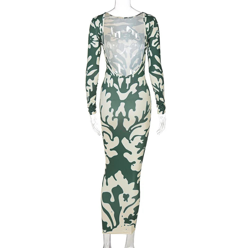 High Backless Waist Fashion Long Sleeve Midi Dress