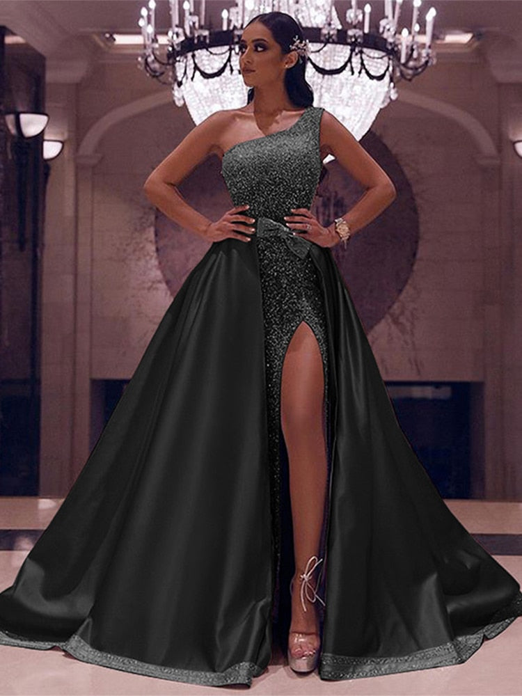 Kissnovaa - High Split Sequin Off Shoulder Sleeveless Maxi Dress