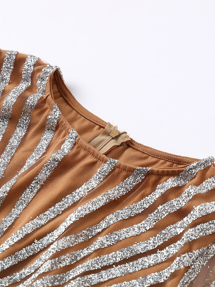 Kissnovaa - Mesh Sequins Split Fishtail V Neck Long Sleeve Maxi Dress