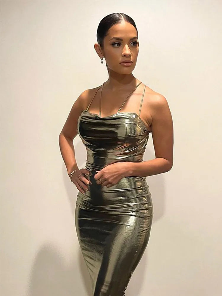 2024 Graceful Gold Spaghetti Strap Backless Maxi Dress