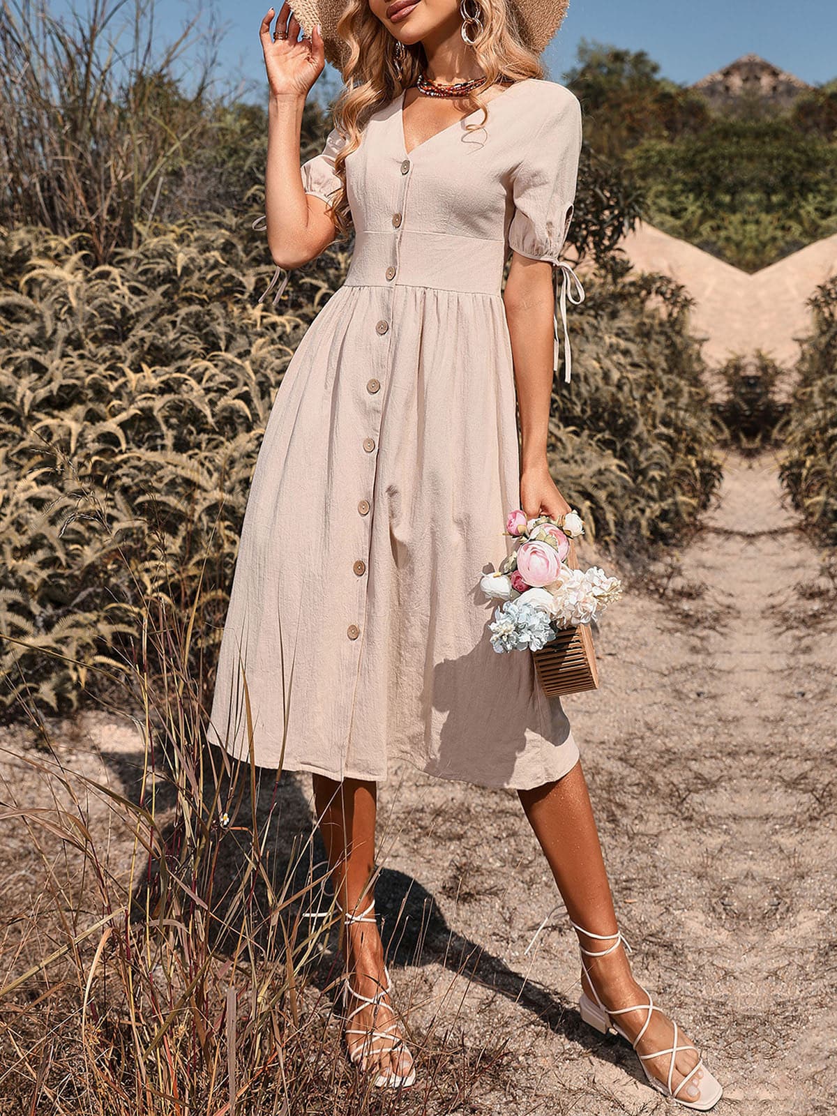 Women Retro Holiday V Neck Buttons High Waist ALine Casual Dress
