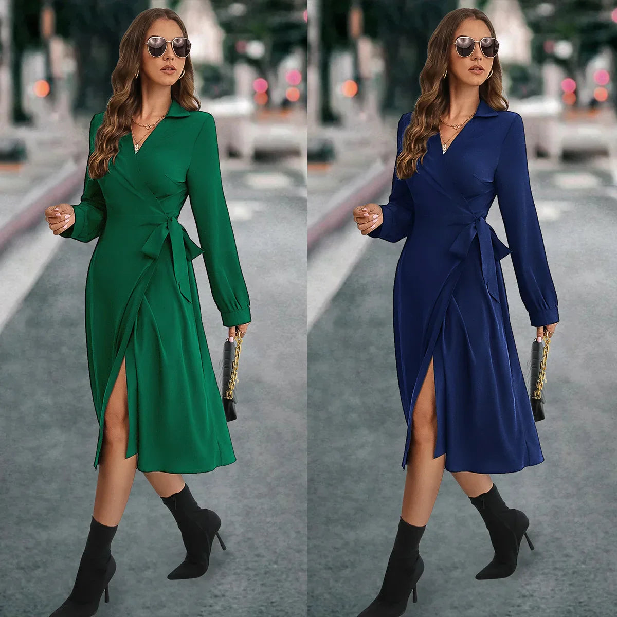 Vneck Cross Dark Green Korean Slim Midi Dresses