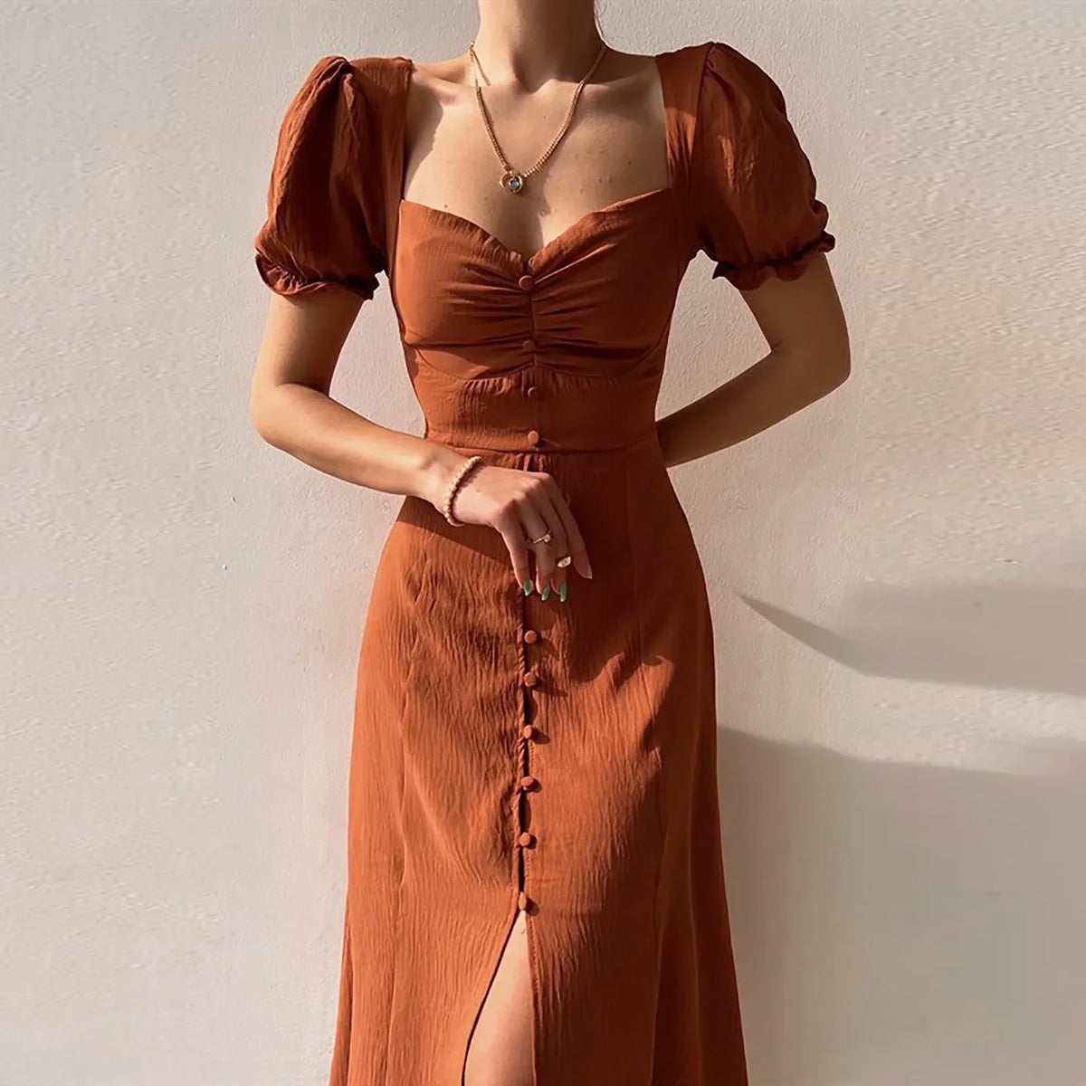 Relaxed Solid Square Neck Aline Pleated Midi Dress