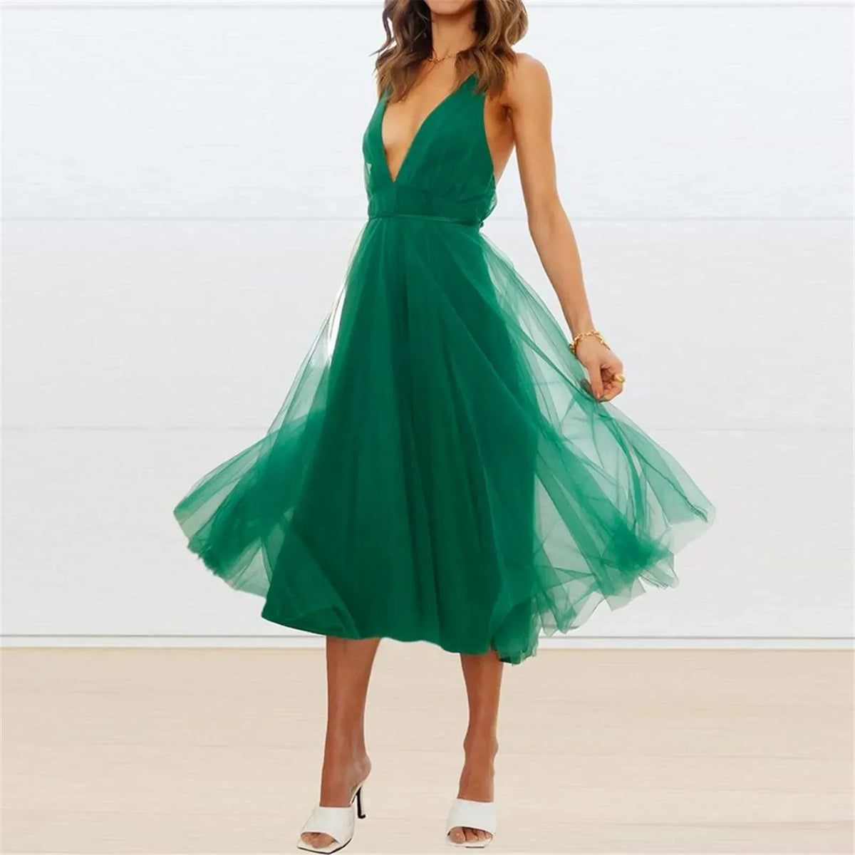 Empire LaceUp Waist Deep VNeck Backless Tulle Bridesmaid Midi Dress