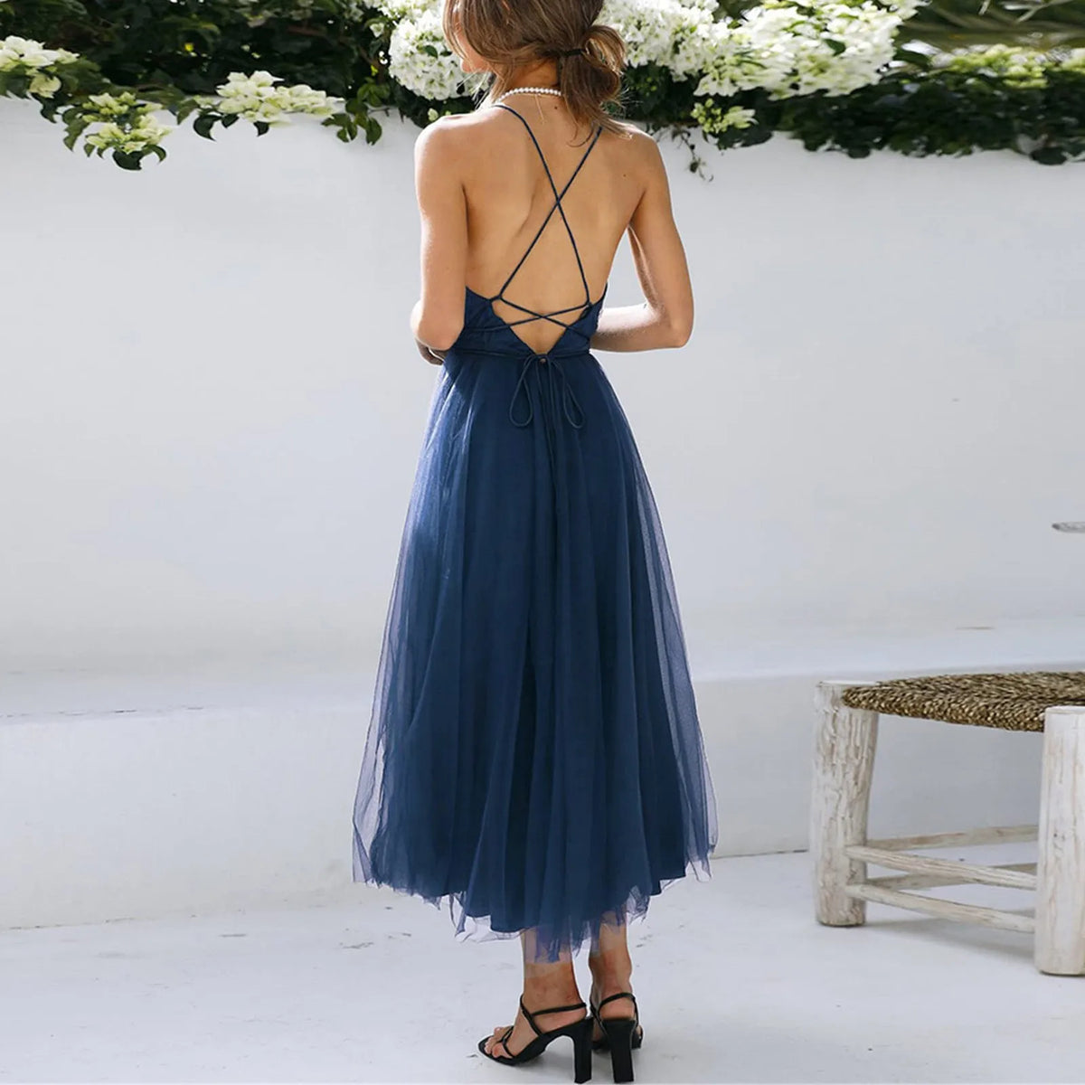 Empire LaceUp Waist Deep VNeck Backless Tulle Bridesmaid Midi Dress