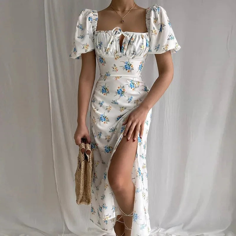 Botanical Spring French Backless Slimfit Halter Trending Midi Dresses