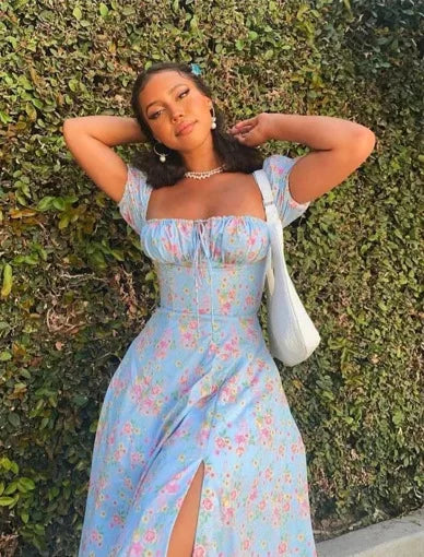 Botanical Spring French Backless Slimfit Halter Trending Midi Dresses