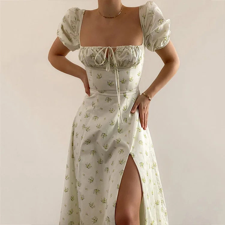 Botanical Spring French Backless Slimfit Halter Trending Midi Dresses