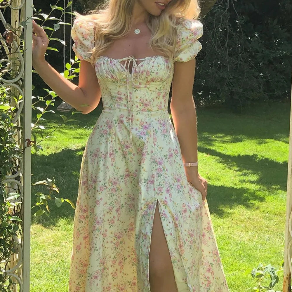 Botanical Spring French Backless Slimfit Halter Trending Midi Dresses