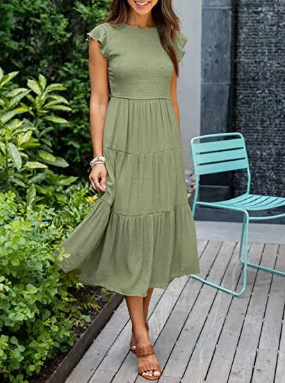 Swing Solid Sleeve Midi Dress