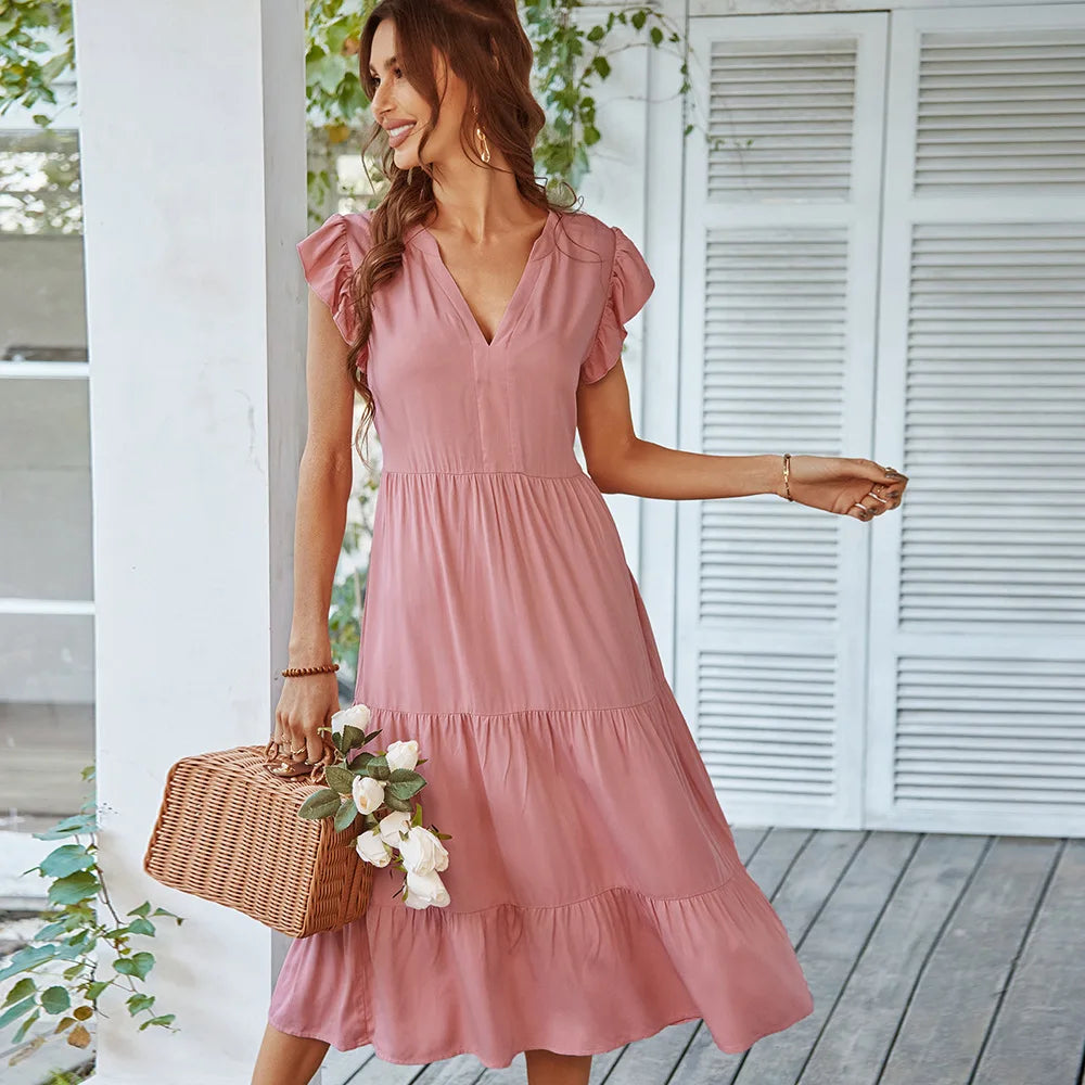 V Flying Neck Midi Dress