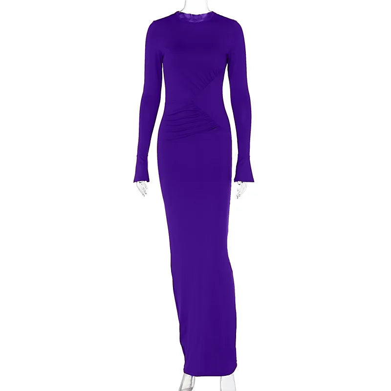 Women's Maxi Autumn Winter New Solid Crewneck Personality Pleated Sophisticated Vestidos Midi Dresses