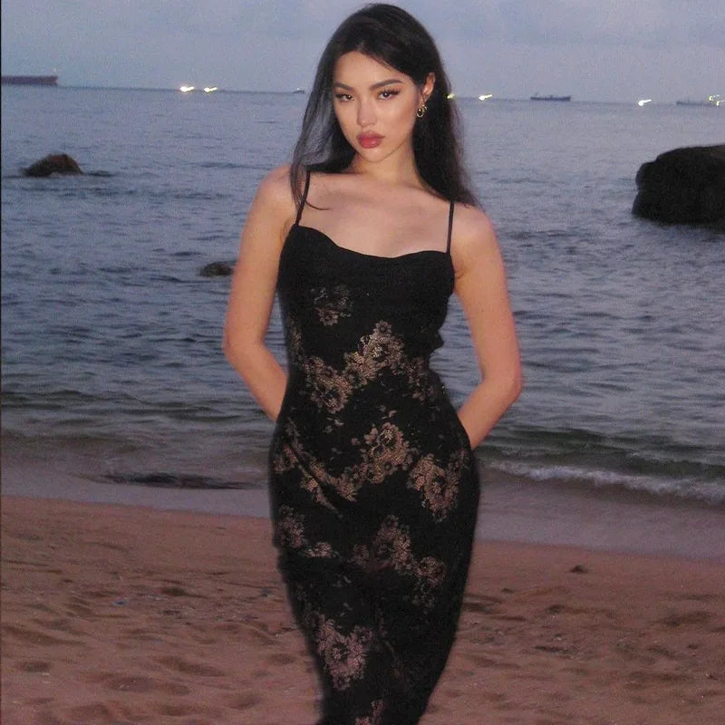 Autumn/Winter Mesh Line Sleeveless Halter Easygoing Vestido Midi Dresses