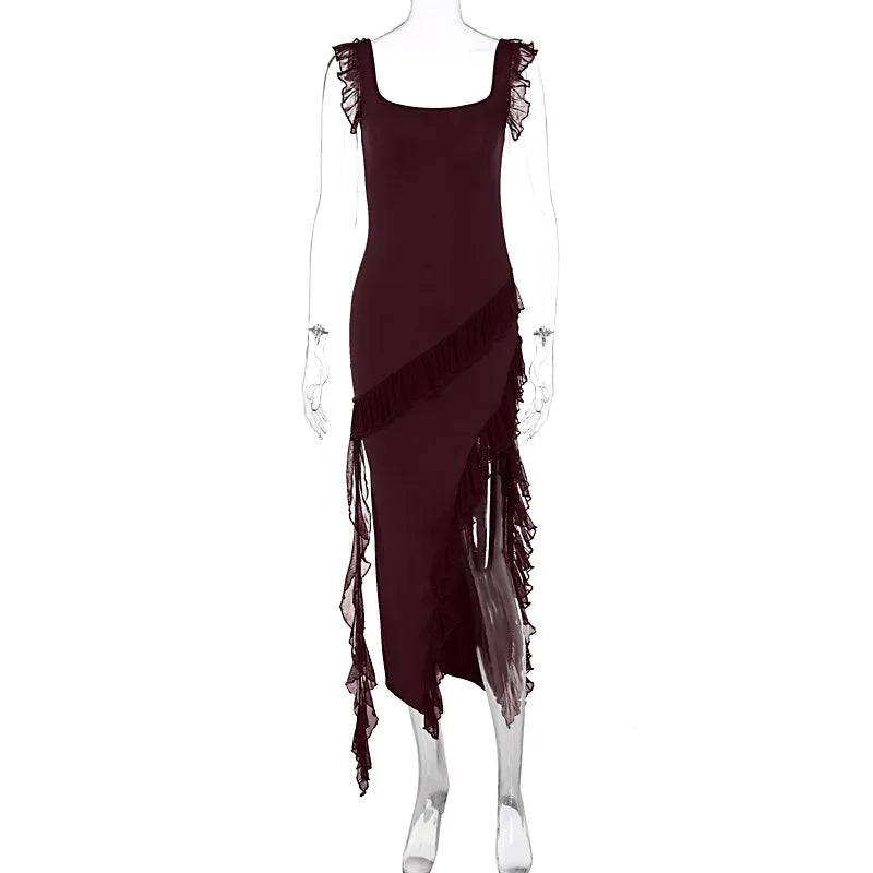 Women's Maxi Summer Autumn Wooden Splicing Temperament Graceful Vestidos Midi Dresses