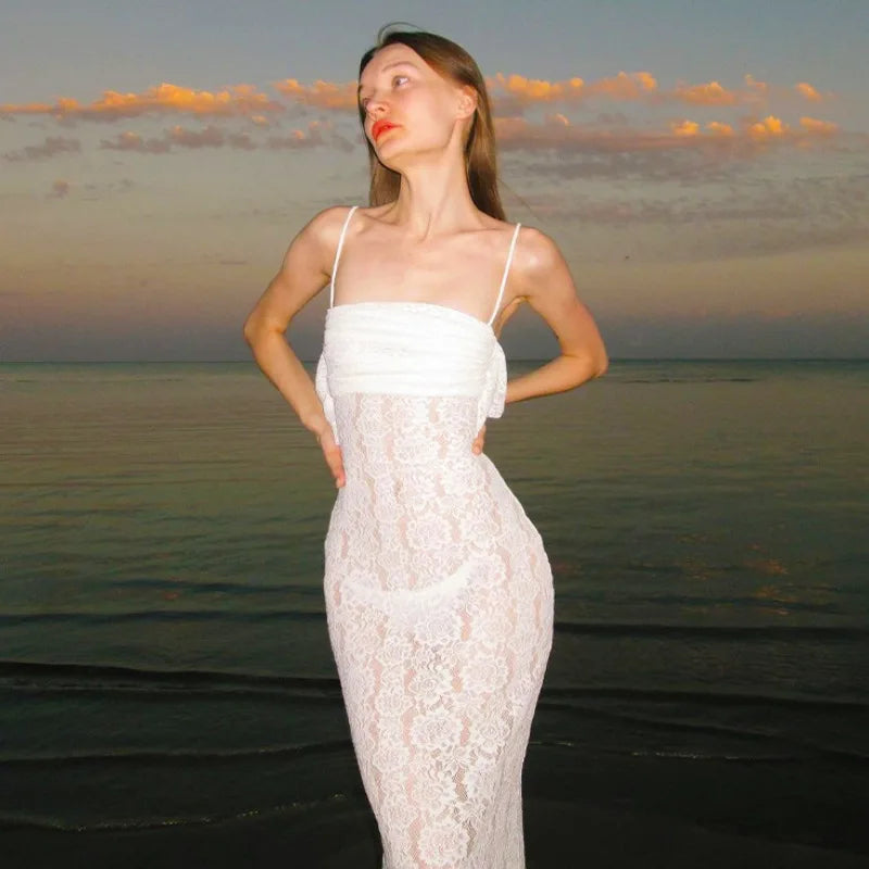 Women's Maxi White Spring Summer Suspenders Lowcut Slimfit Buttock Sophisticated Vestidos Midi Dresses