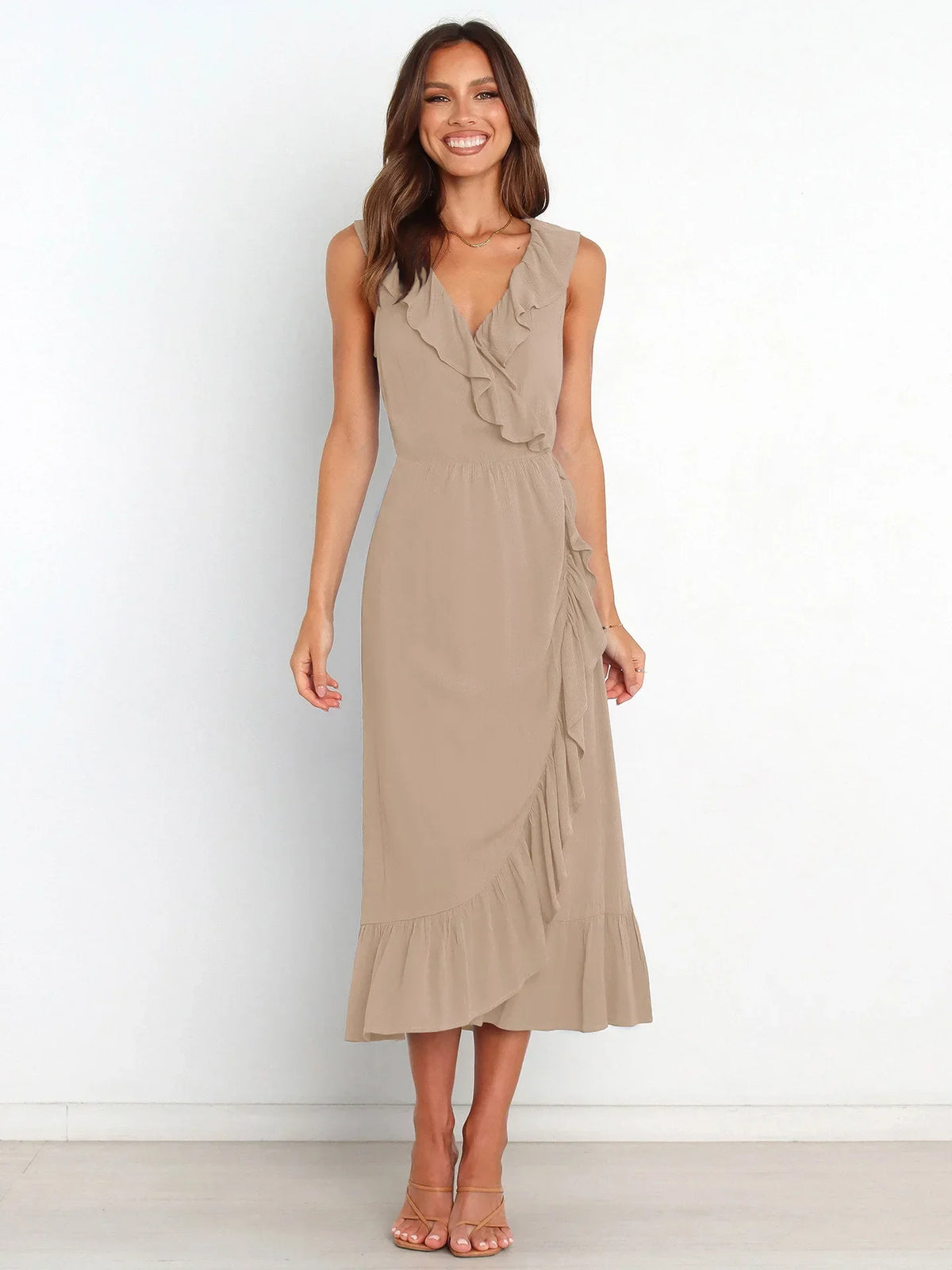 Ruffled Sleeveless Vneck Ruffled Highgrade Graceful Traf Midi Dresses