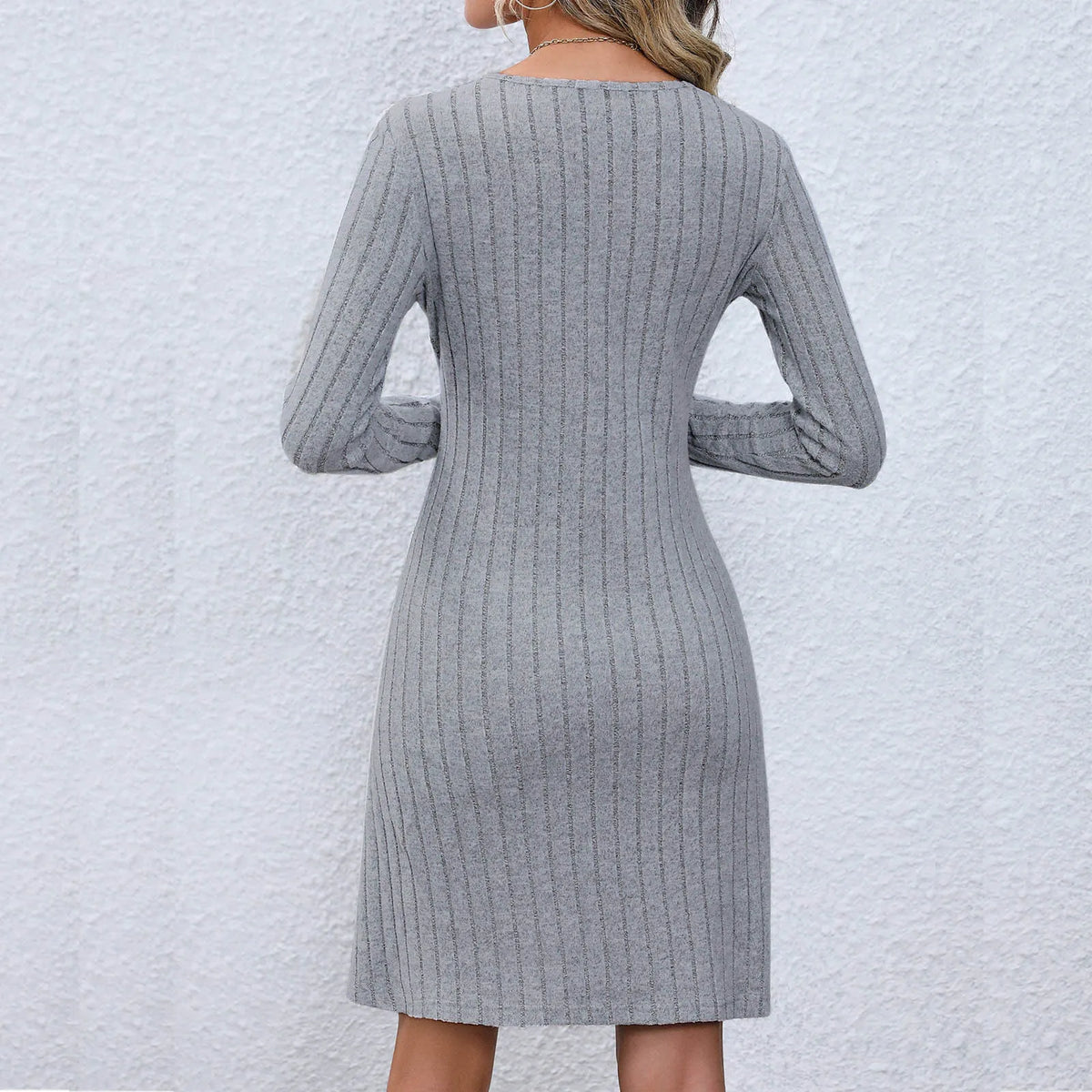 VNeck Chic Buttoned Waist Long Sleeve Solid Color Midi Dress