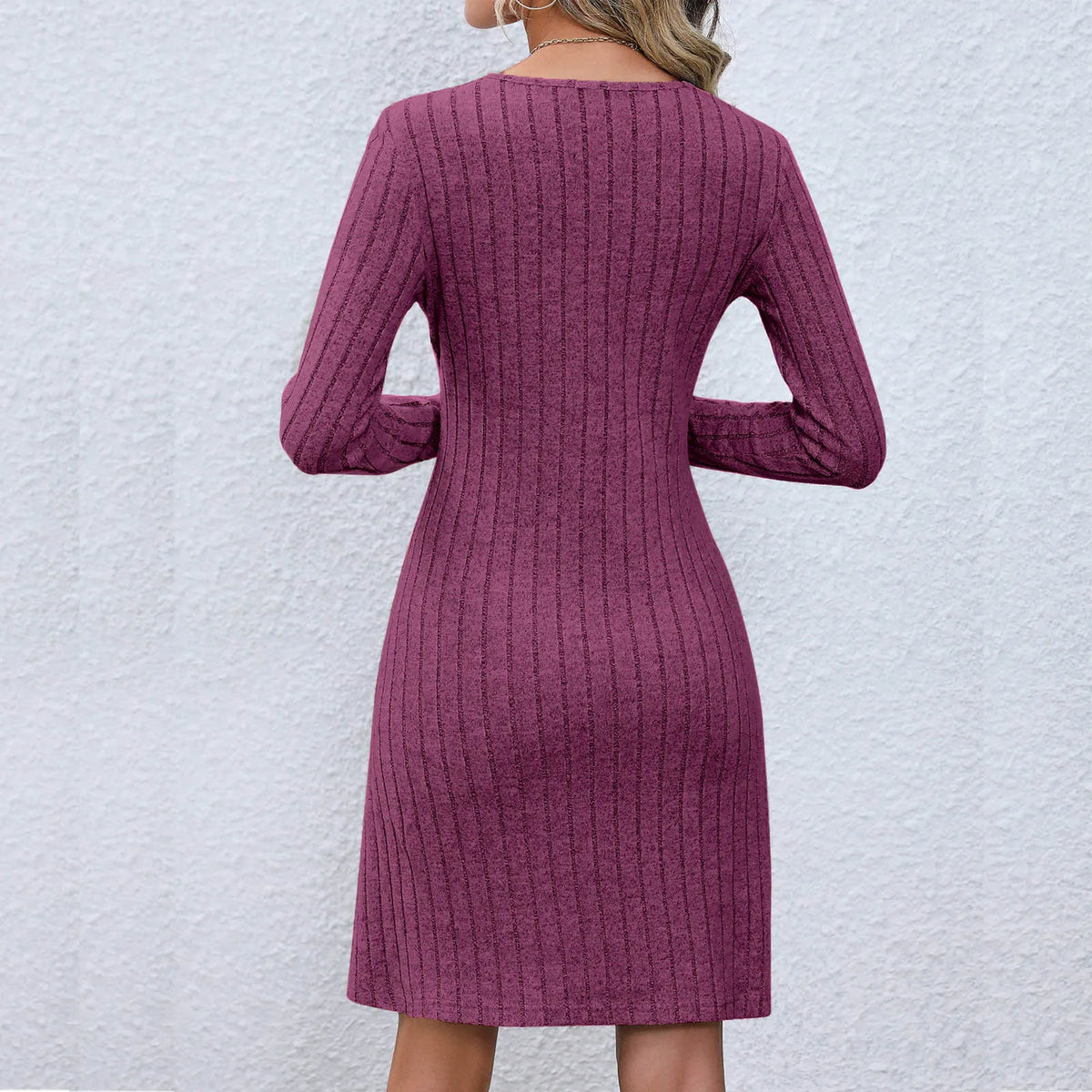 VNeck Chic Buttoned Waist Long Sleeve Solid Color Midi Dress