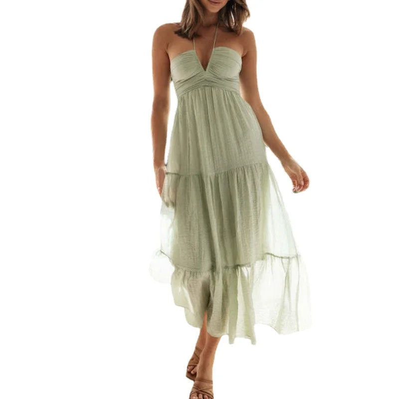 Women's Chiffon Halter V Neck Bloom Flowy A Line Boho Backless Tiered Midi Dresses