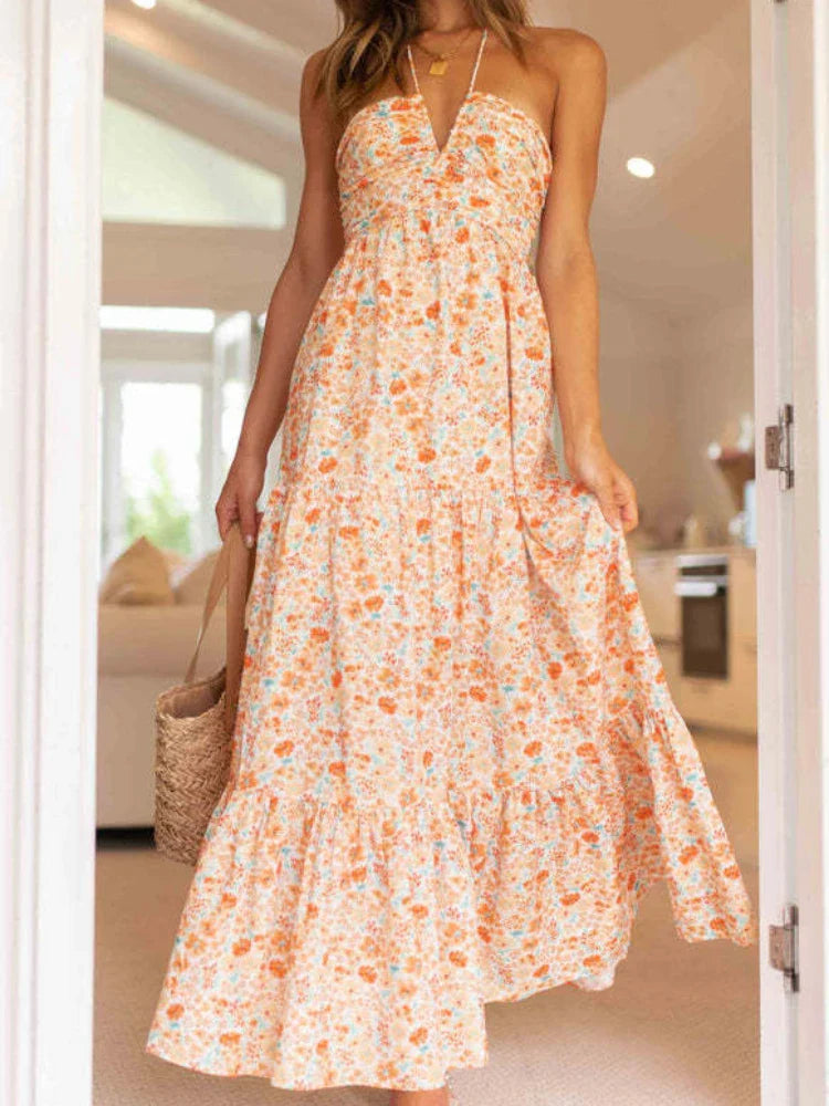 Women's Chiffon Halter V Neck Bloom Flowy A Line Boho Backless Tiered Midi Dresses